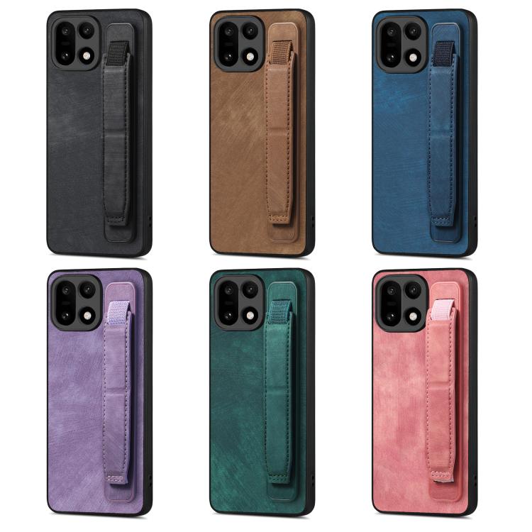 Assorted color leather back phone cases with wristband holder straps and camera cutouts