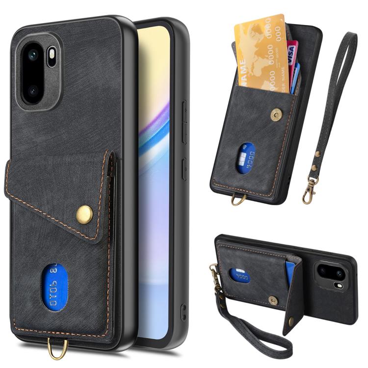 Retro Card Wallet Fold Leather Phone Case with Strap, For OnePlus Ace 6 / 6T / 15R, For OnePlus 15