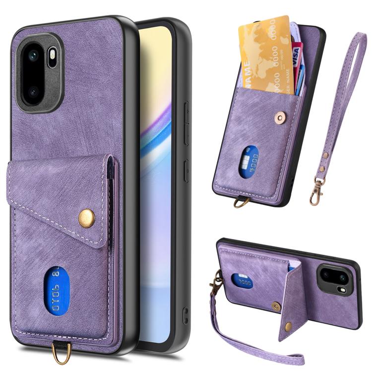 Retro Card Wallet Fold Leather Phone Case with Strap, For OnePlus Ace 6 / 6T / 15R, For OnePlus 15