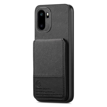 Black twill leather-look vertical flip phone case with front card holder
