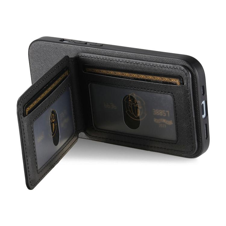 Black vertical flip phone case showing inner card slots and flip cover