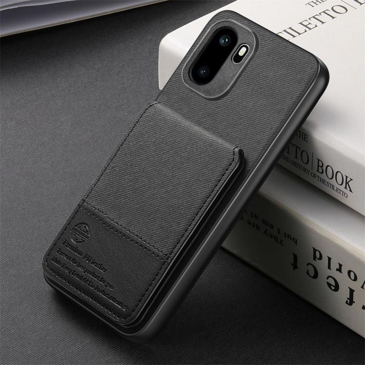 Black vertical flip phone case with textured finish and stitched front card pocket