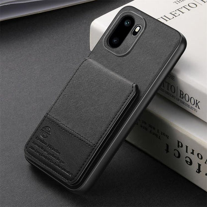 Black vertical flip phone case with textured finish and stitched front card pocket