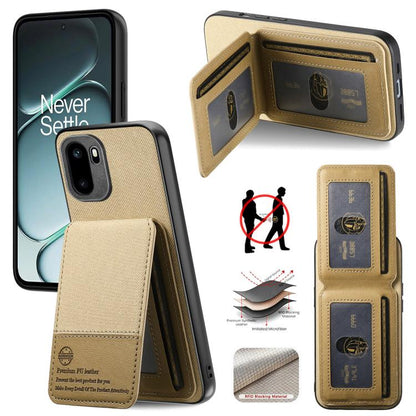 Khaki vertical flip RFID card wallet phone case with front pocket and magnetic closure
