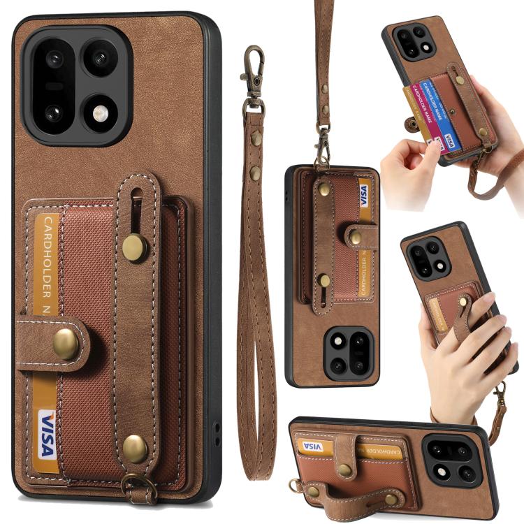 Leather wallet phone case with wrist strap, brown, card holder and snap button