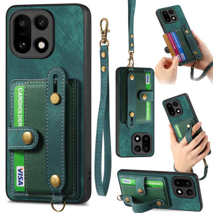 Leather wallet phone case with wrist strap, teal green, card holder and snap button