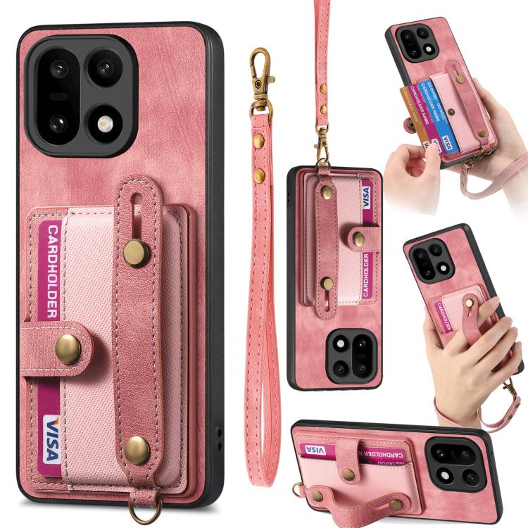 Leather wallet phone case with wrist strap, pink, card holder and snap button