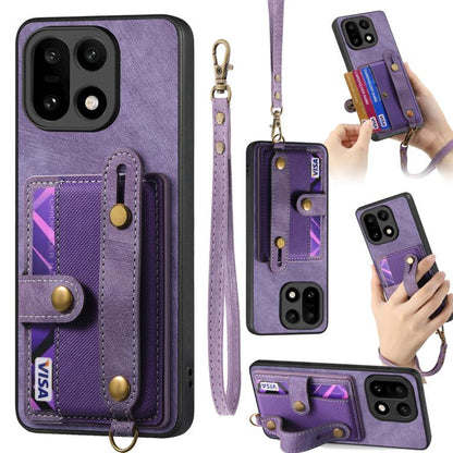 Leather wallet phone case with wrist strap, purple, card holder and snap button