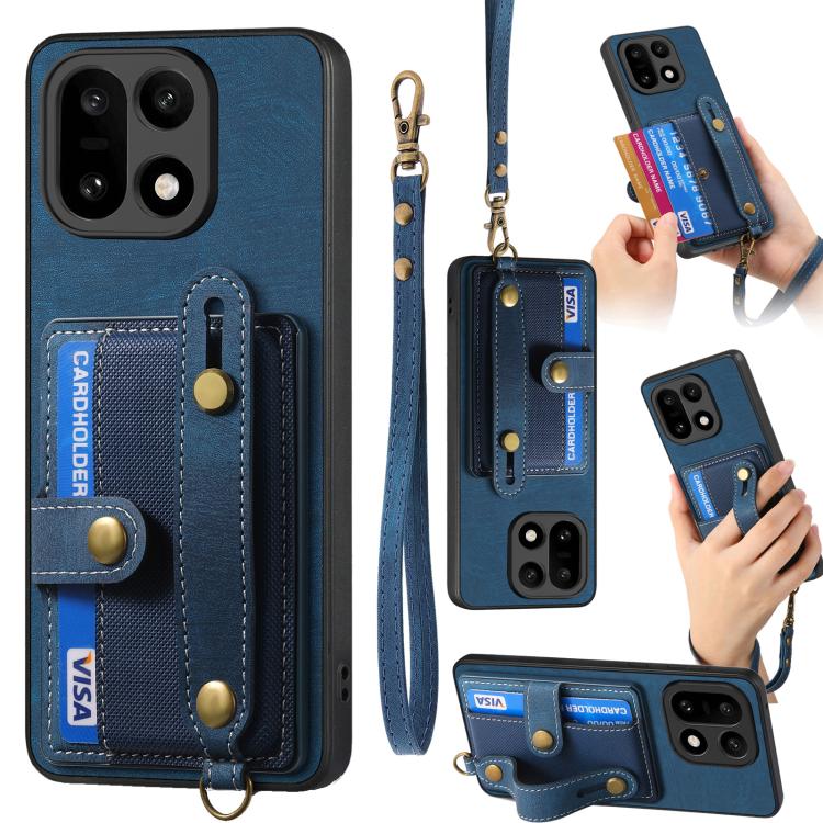 Leather wallet phone case with wrist strap, navy blue, card holder and snap button