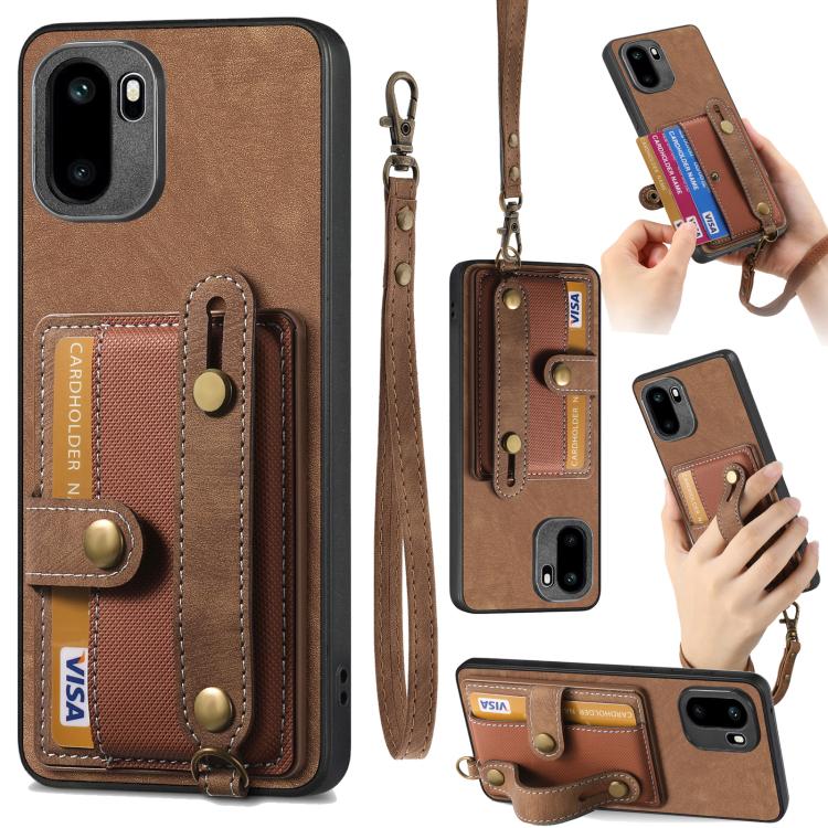 Brown leather phone case with card holder pocket and crossbody wrist strap