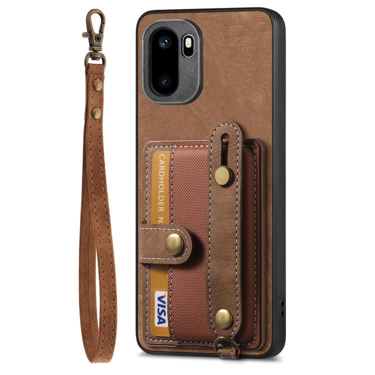Brown phone wallet case with card slot and long wrist strap, front view