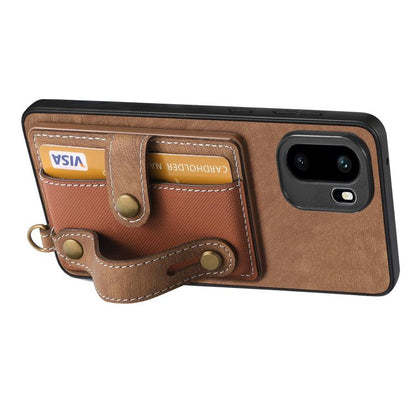 Brown crossbody phone wallet case with card pockets and snap strap detail