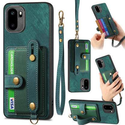Green leather phone wallet case with card pocket and crossbody wrist strap