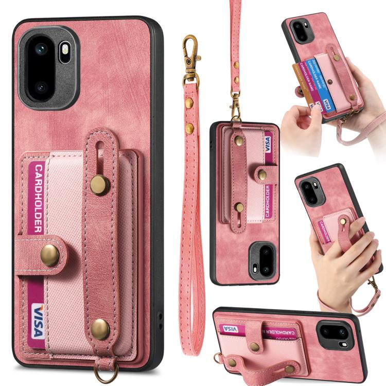 Pink leather phone wallet case with card pocket and wrist strap