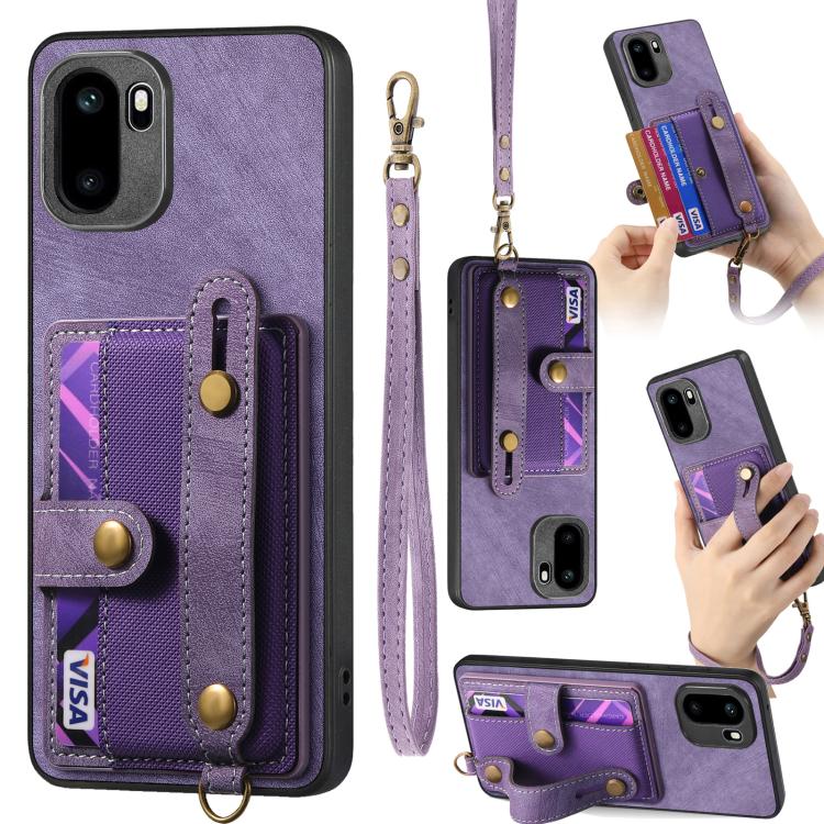 Purple leather phone wallet case with card pocket and crossbody wrist strap