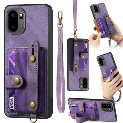 Purple leather phone wallet case with card pocket and crossbody wrist strap