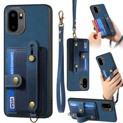 Blue leather phone wallet case with card pocket and crossbody wrist strap