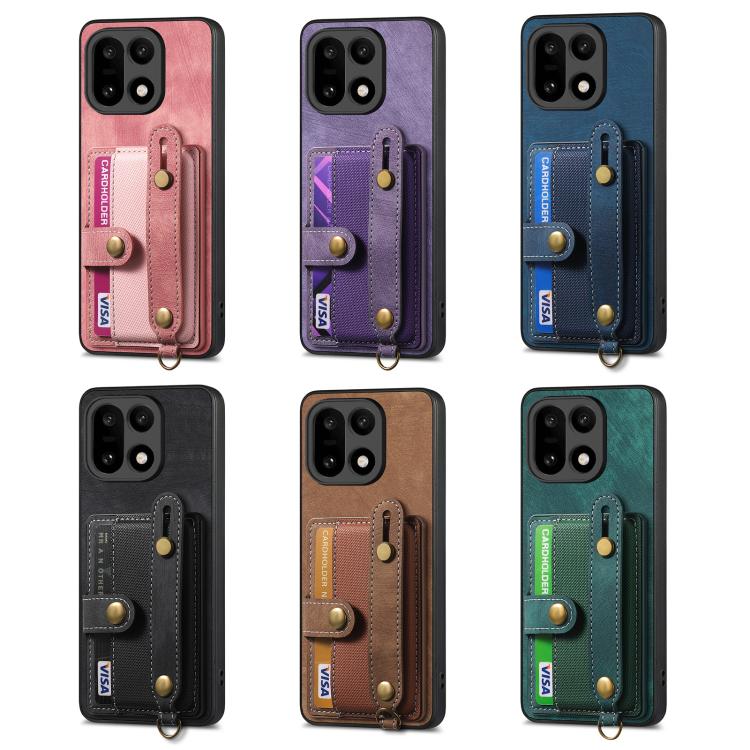 Set of six leather wallet phone cases with wrist straps in pink, purple, blue, black, brown, green