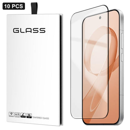 10-pack ultra-thin tempered glass screen protectors on peach phone display, camera cutout visible