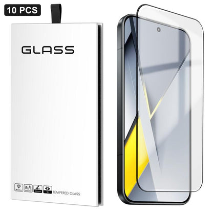 10-pack ultra-thin tempered glass screen protectors on blue phone display with yellow accents