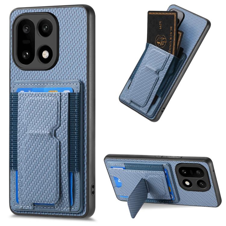 Blue carbon fiber phone card holder case with fold stand and elastic card pocket