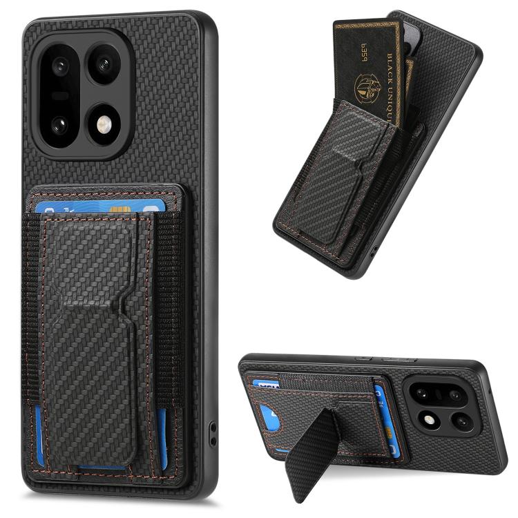 Black carbon fiber phone card holder case with fold stand and elastic card pocket