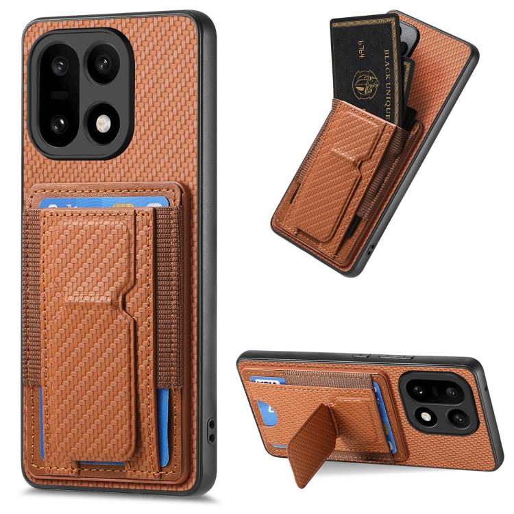 Brown carbon fiber phone card holder case with fold stand and elastic card pocket
