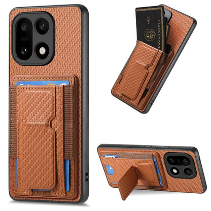 Brown carbon fiber phone card holder case with fold stand and elastic card pocket