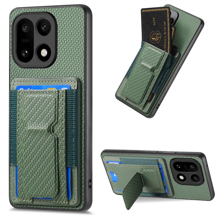 Green carbon fiber phone card holder case with fold stand and elastic card pocket