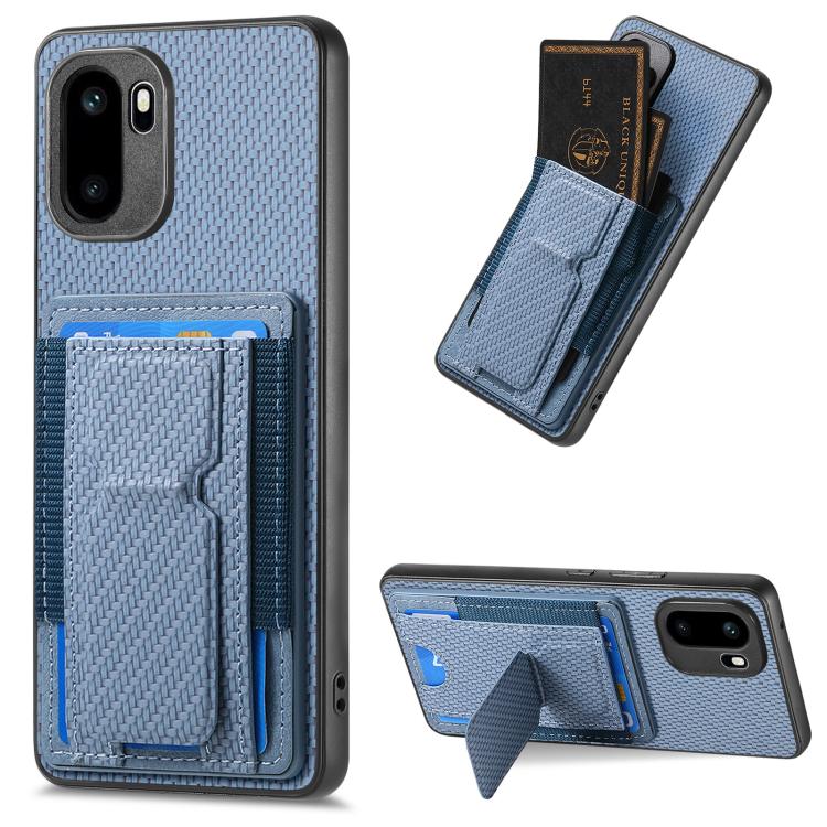 Light blue carbon-fiber phone case with fold card holder and elastic card slot