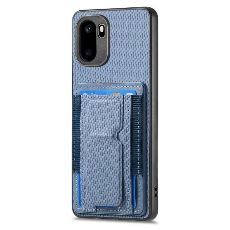 Blue carbon-fiber phone case with built-in fold card holder and elastic slot