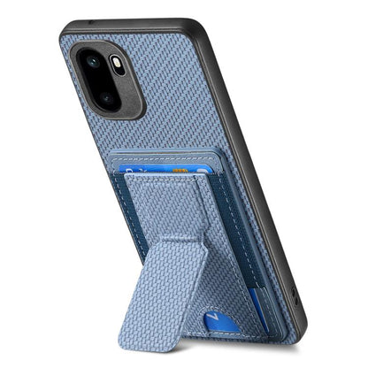 Blue textured phone case with fold-out card holder and elastic card pocket