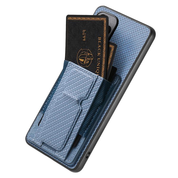 Blue textured phone case with fold card holder and elastic card slot