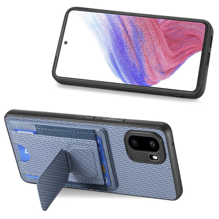 Blue phone case with fold card holder and elastic slot for cards, front view