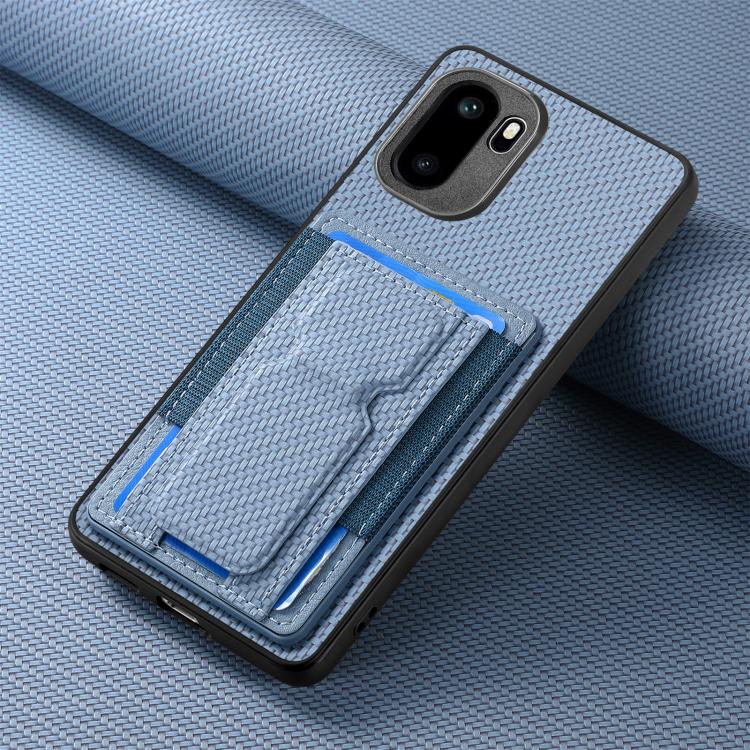 Blue carbon-fiber phone case corner detail with fold card holder and elastic slot