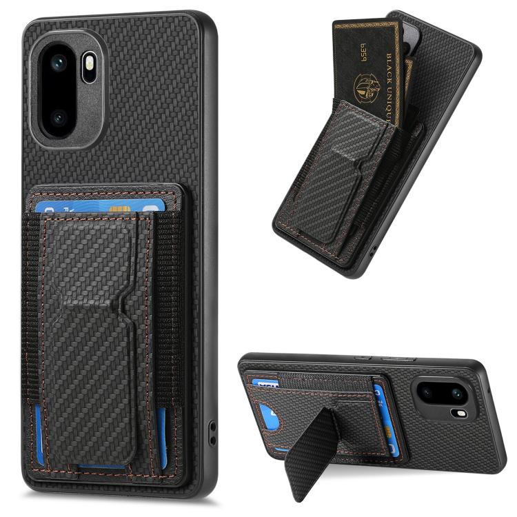 Black carbon-fiber phone case with fold card holder and elastic card slot