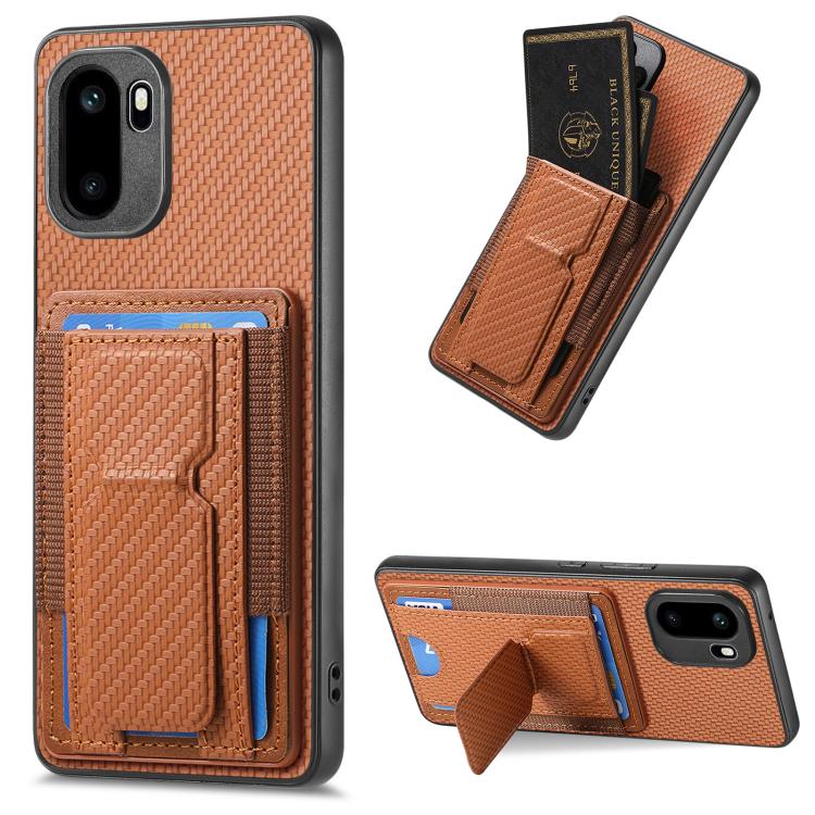 Brown carbon-fiber phone case with fold card holder and elastic card slot