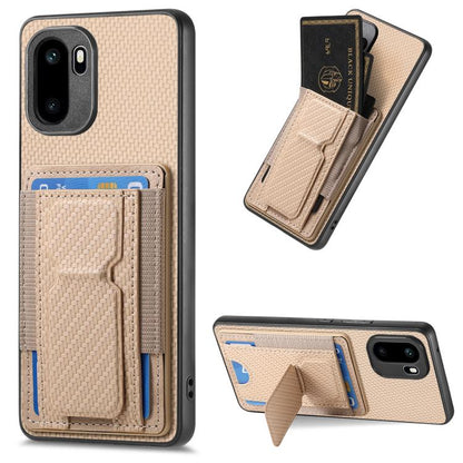 Khaki carbon-fiber phone case with fold card holder and elastic card slot