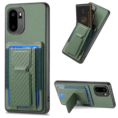 Green carbon-fiber phone case with fold card holder and elastic card slot