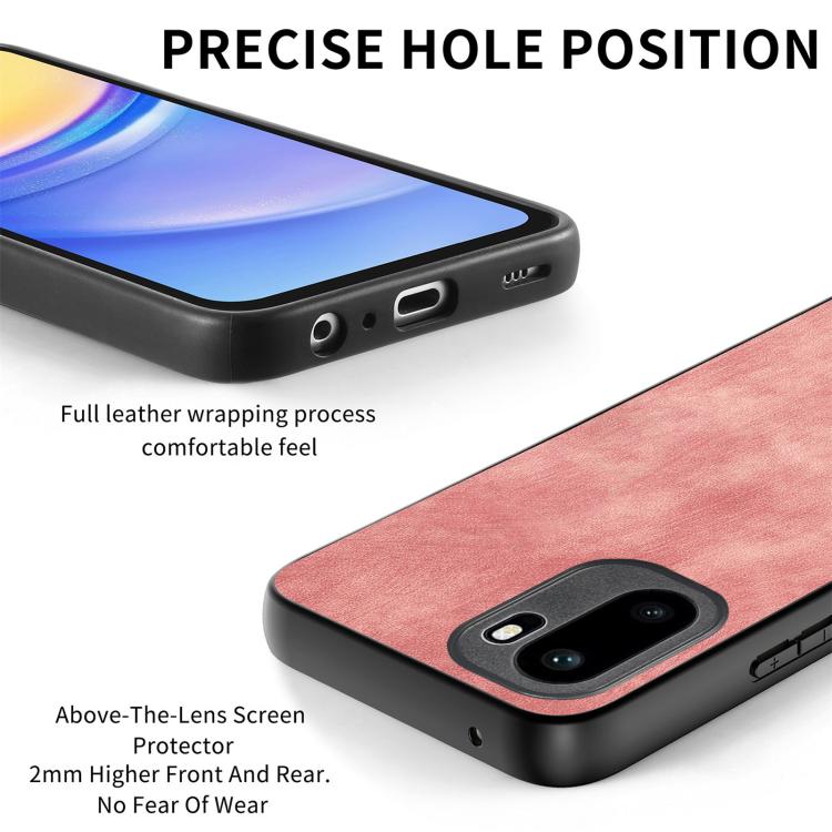 Pink vintage leather phone case edge with side port openings and raised screen lip.