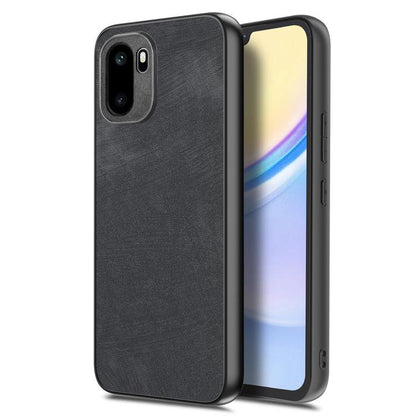 Black vintage leather phone case with camera cutout and textured finish.