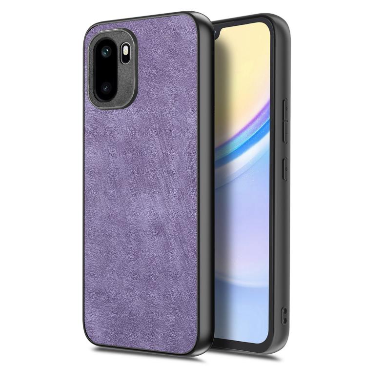 Purple vintage leather phone case with camera cutout and textured finish.