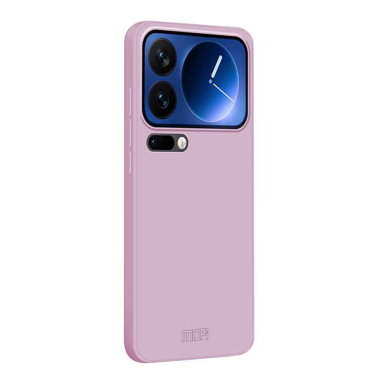 MOFI liquid silicone skin phone case, lilac back with dual camera cutouts and logo
