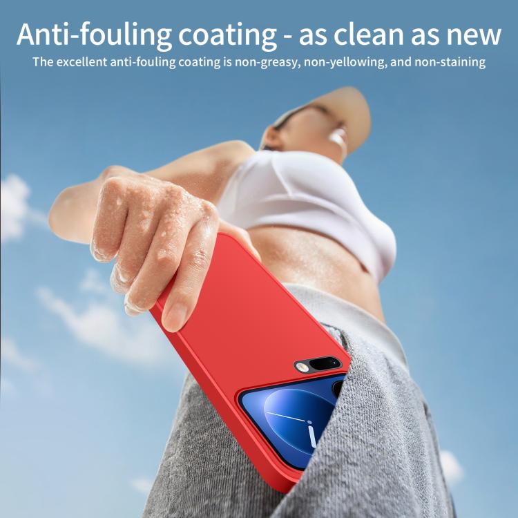 Red soft shell phone case being held, with camera and flash cutouts