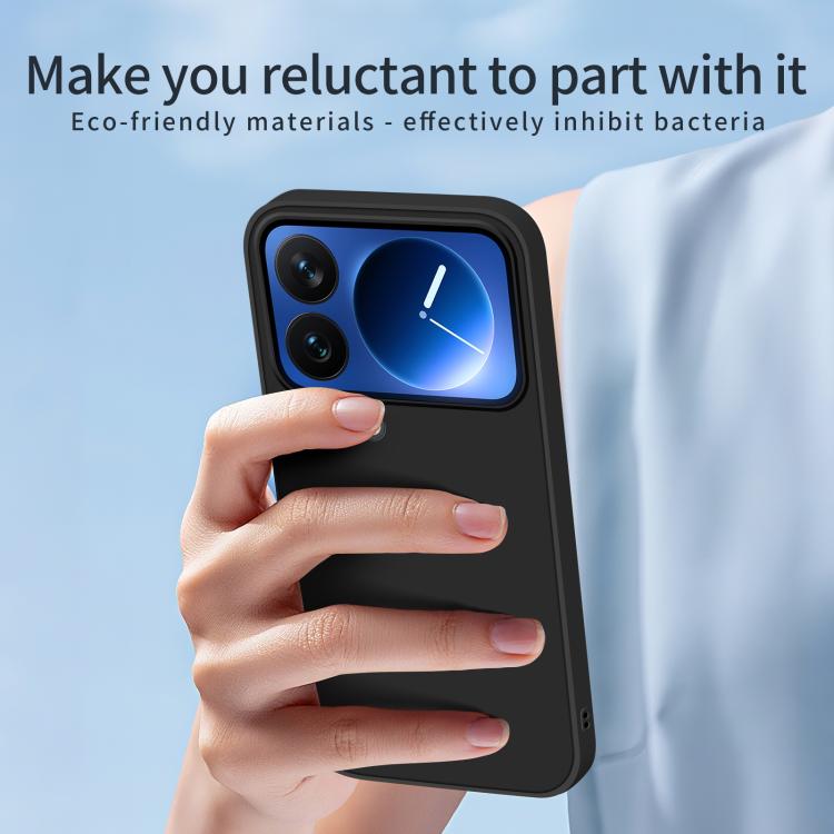 Black soft shell phone case held in a hand, with camera cutouts