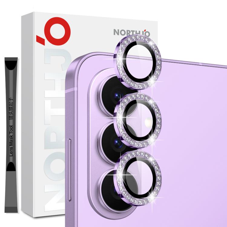 Diamond metal phone camera lens protector set with three purple rhinestone rings