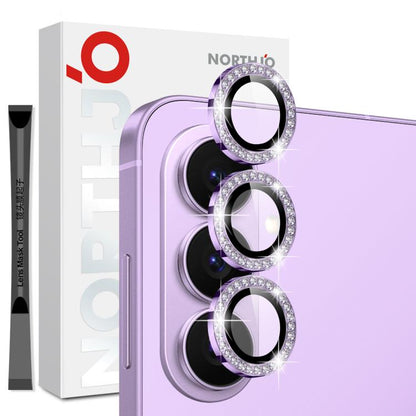 Diamond metal phone camera lens protector set with three purple rhinestone rings