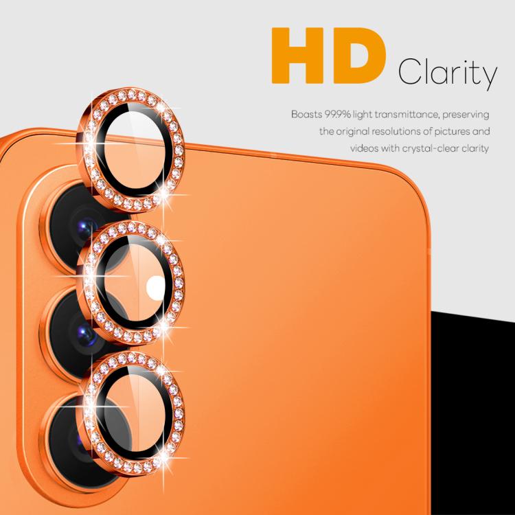 Close-up orange phone camera lens protector set with three diamond rhinestone rings