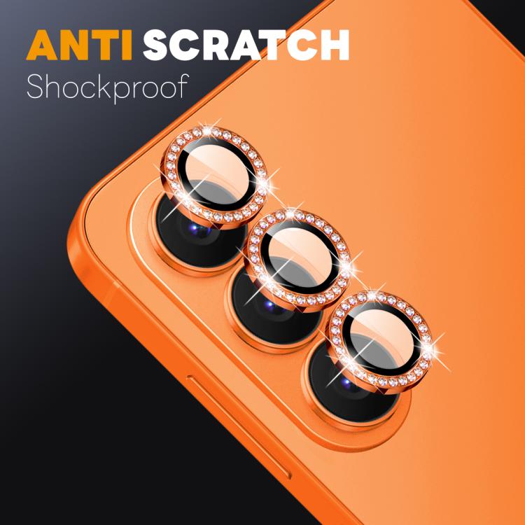 Orange phone camera lens protector set with three diamond rhinestone rings