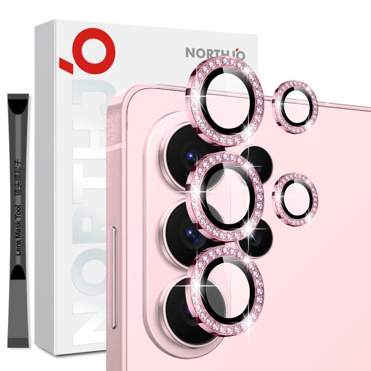 Pink phone camera lens protector set with three diamond rings and small rings